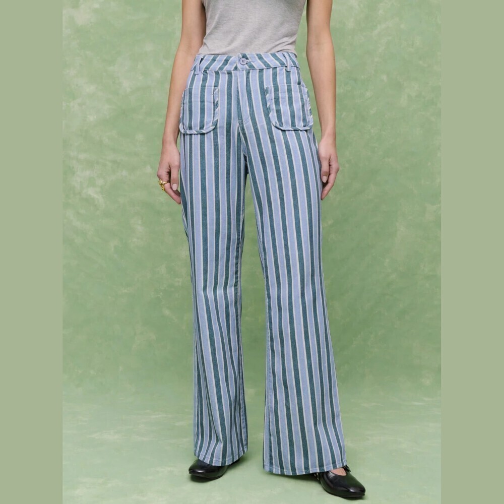 Blue & White Striped Denim Flare Jeans with Patch Pockets